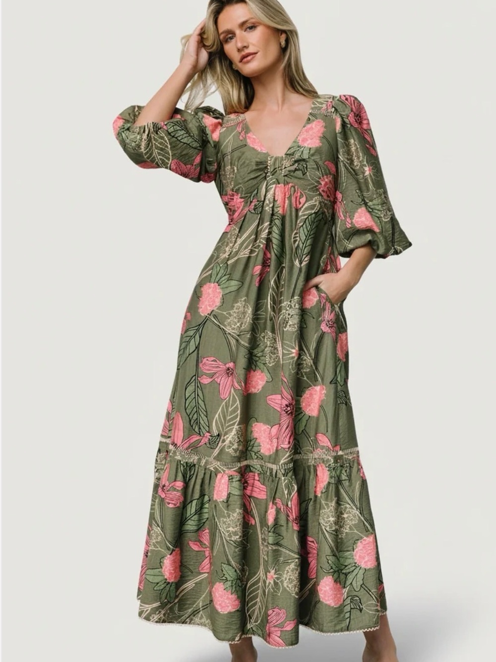 Listicle Lonna Dress Olive Green Floral Maxi Dress with Pink Blooms